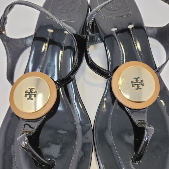 Tory Burch Black Patent Leather T Strap Thong Heel Sandal Women Size 10.5 M Shoe - Picture 3 of 10
